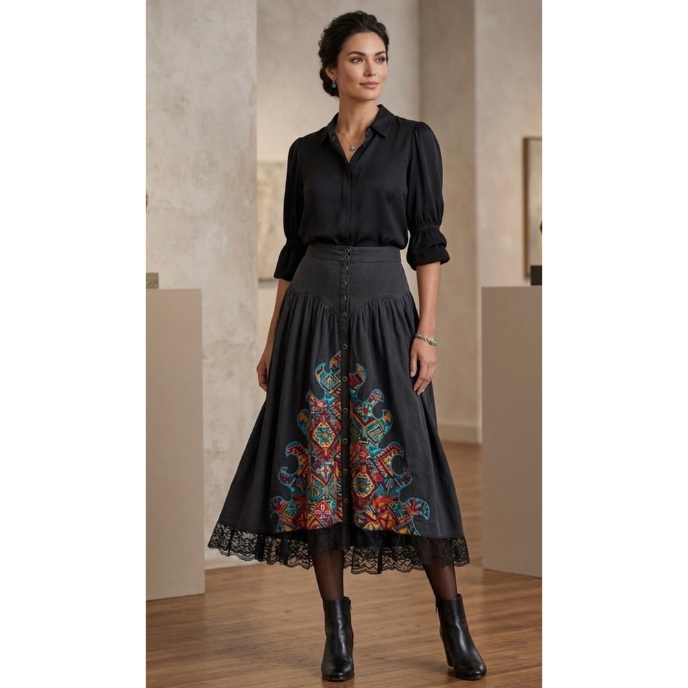 EUC VTG Trisha De’Hall Western Boho Snap Front Lace Trim Midi Skirt- Small